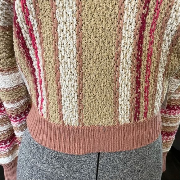 FREE PEOPLE KNIT CROP TOP STRIPED KNIT TAN WHITE AND PINK SWEATER NWT - Picture 2 of 11